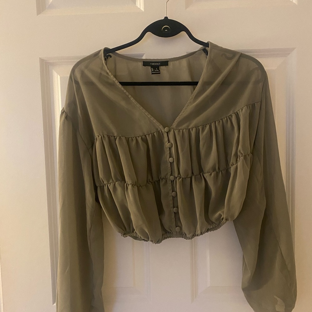 Olive Green Sinched-at-the-waist long sleeve blouse